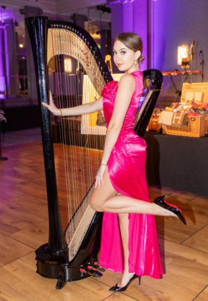 Picture of Amie True with Harp in pink dress