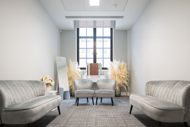 The Dressing Room, two grey sofas 