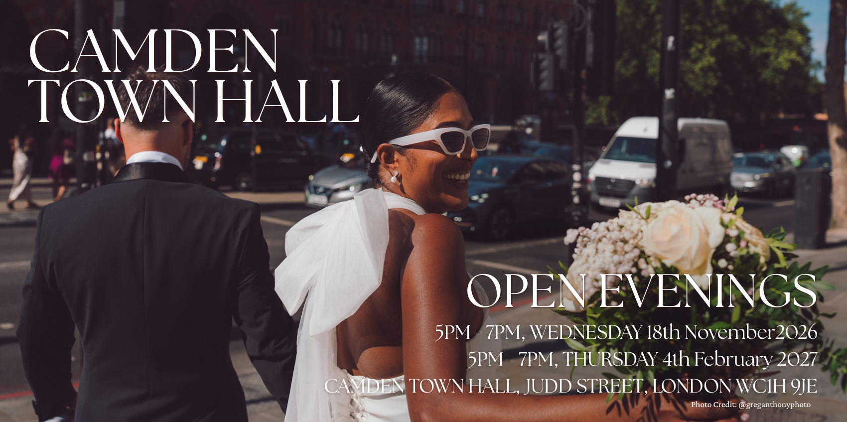 picture of bride in sunglasses crossing euston road after her wedding